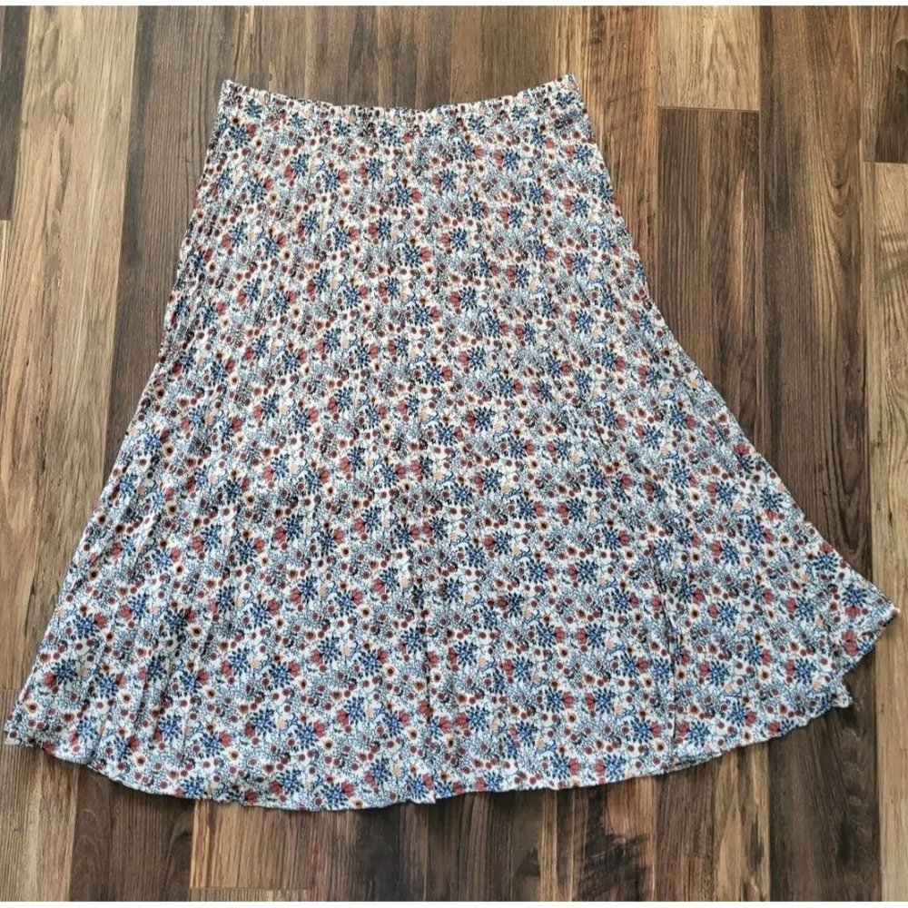 Max Studio Pleated Pull On Maxi Skirt Blue Orange Floral Lined Sz 2X